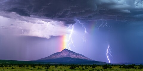 Fototapeta premium Dramatic storm over mountain. Lightning strikes illuminate landscape, creating rainbow effect. Dark clouds dominate sky, intense weather visible.