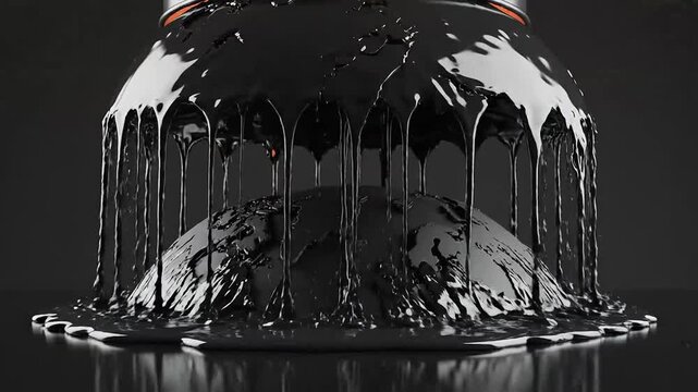 Viscous, dark fluid slowly dripping and spreading from a rounded object, creating a textured, reflective pool with abstract patterns and a dramatic, industrial aesthetic
