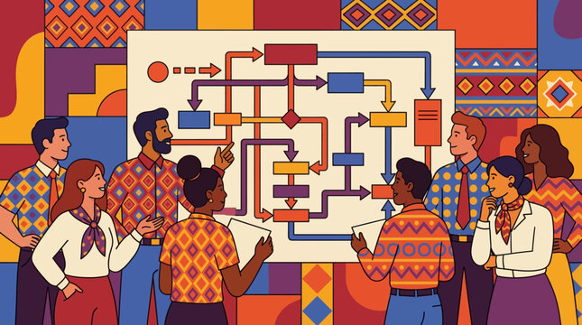Diverse business team discussing complex workflow flowchart, professionals brainstorming corporate strategy and planning, vibrant colorful vector illustration.