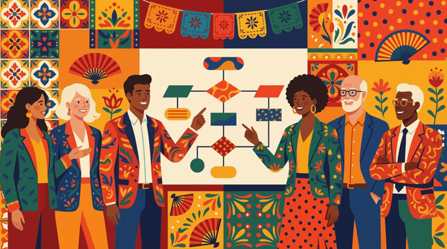 Diverse business team discussing complex workflow flowchart, professionals brainstorming corporate strategy and planning, vibrant colorful vector illustration.