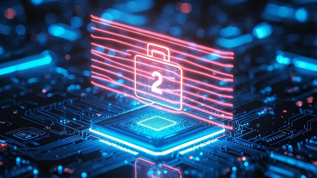 Digital block with number two floating above glowing circuit board with blue and red neon lighting details