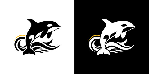 A powerful and elegant graphic logo showcases a dynamic killer whale or orca leaping from stylized ocean waves, subtly accented with a golden swirl. Presented in high contrast black and white vector v © dwi