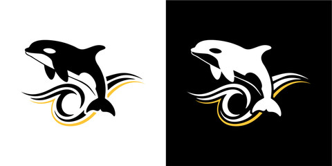 A striking vector illustration features a powerful killer whale orca leaping gracefully above stylized ocean waves, presented in both dark and light versions for versatile use. This clean, dynamic gra © dwi
