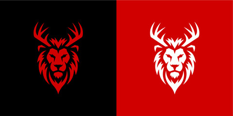 A striking vector emblem featuring a powerful lion head crowned with majestic stag antlers, presented in both red on black and white on red. This elegant and modern design conveys strength, leadership © dwi