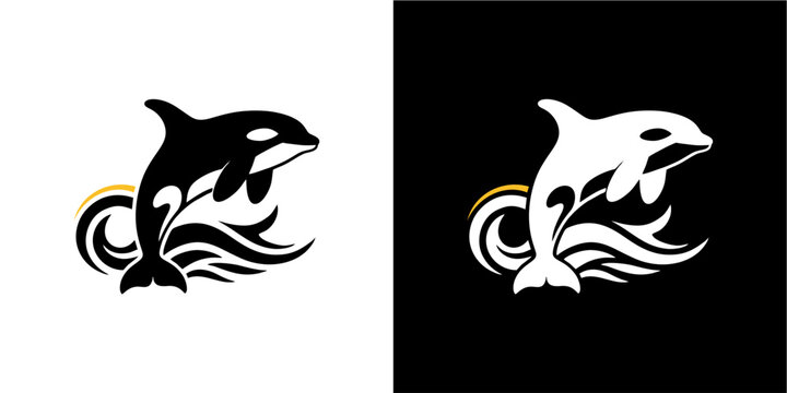 A powerful and elegant graphic logo showcases a dynamic killer whale or orca leaping from stylized ocean waves, subtly accented with a golden swirl. Presented in high contrast black and white vector v