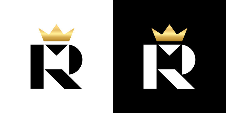 An elegant and modern monogram logo design featuring a stylized letter R combined with an M, beautifully crowned with a golden crown. This versatile vector icon is presented on both pristine white and