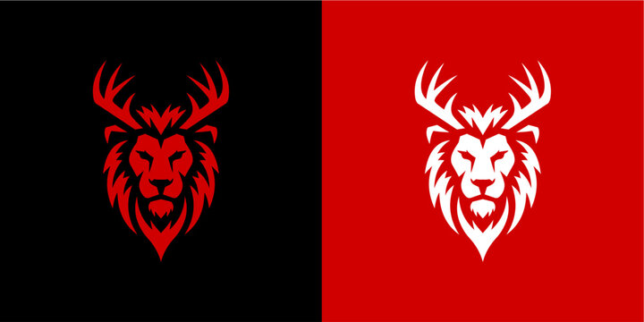 A striking vector emblem featuring a powerful lion head crowned with majestic stag antlers, presented in both red on black and white on red. This elegant and modern design conveys strength, leadership