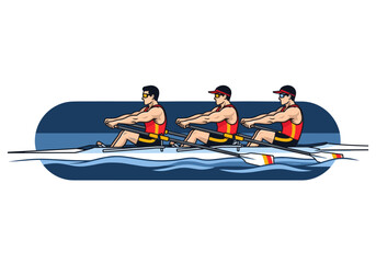 Three male rowers competing in a sculling boat during a team sports event © Joan