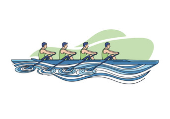 Four male rowers in a sculling boat on water demonstrating teamwork and athleticism © Joan
