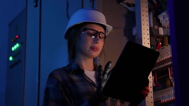 One female electrician analyzes electrical cabinet using tablet. Electrician system analysis.