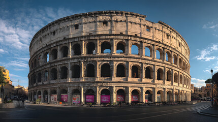 Obraz premium a photo of the colosseum in Rome, from ground level, but with modern additions, signage and product advertisements to turn it into a shopping mall