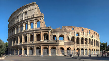 Naklejka premium a photo of the colosseum in Rome, from ground level, but with modern additions, signage and product advertisements to turn it into a shopping mall