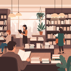 People reading books in a cozy library with many bookshelves