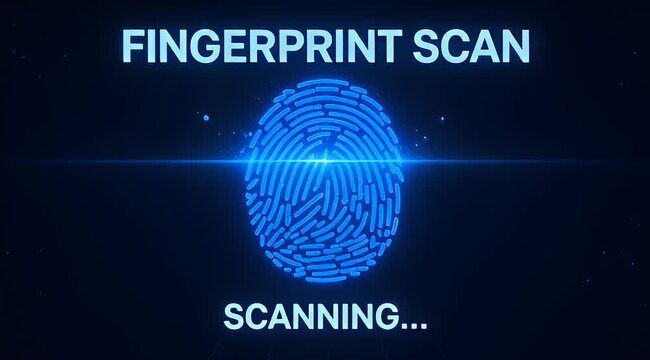 Futuristic glowing blue fingerprint scan animation on a dark technology background