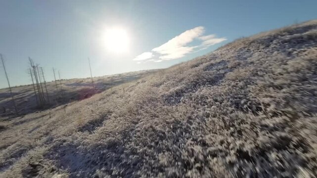 Aerial Flyover of Snowy Hillside with Bright Sun Flar and Winter Trees