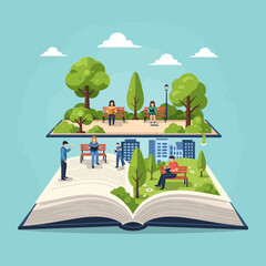 Fototapeta premium Woman and man reading books in a park, with green trees