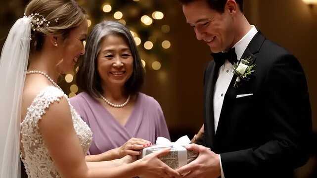 Bride and Groom Receive Gift from Mother at Wedding Ceremony.