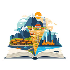 Fototapeta premium A journey through architecture and nature open book concept illustration