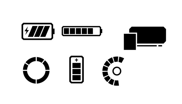 Black futuristic game UI HUD icon set. Features battery charge status, circular loading progress meters, and warning sign graphic for tech projects