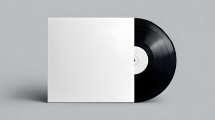 a plain white mock up album cover sleeve, slight visual of an vinyl record peeping out of the right side of the album cover, black record, nostalgic design
