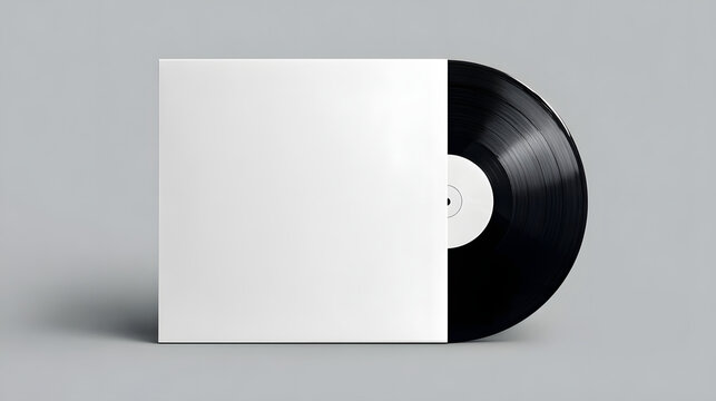 a plain white mock up album cover sleeve, slight visual of an vinyl record peeping out of the right side of the album cover, black record, nostalgic design