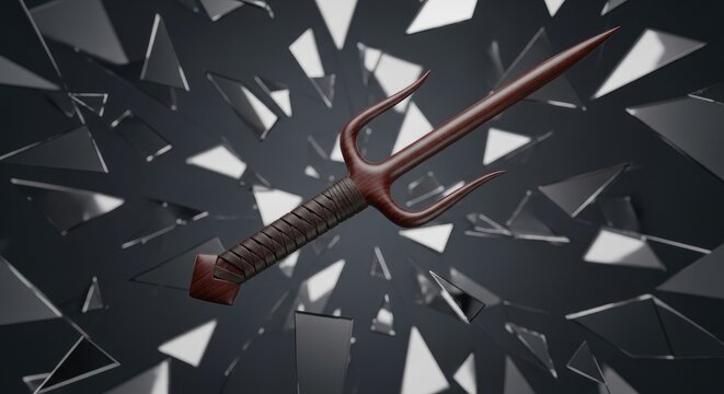 A single sai weapon with a textured grip, surrounded by shattered glass shards.