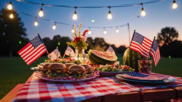 Picnic table with burgers and flags for Fourth of July celebration. Outdoor dinner setup at dusk with glowing string lights and festive summer food decor theme.