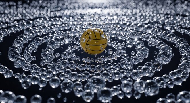 Bright yellow sphere at the center of swirling transparent droplets, creating a mesmerizing cosmic effect.
