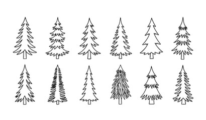 Obraz premium Hand drawn fir tree outline doodle set simple pine forest tree vector collection