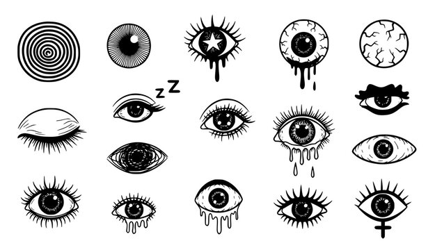 Grunge surreal eye doodle icons hand drawn bizarre brush sketch eyes vector set