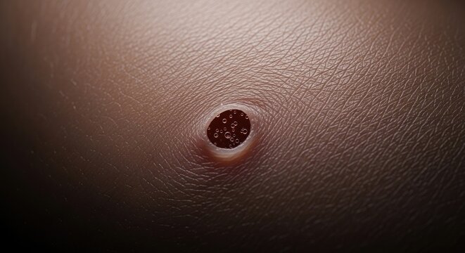 Close-up macro view of human skin with a small wound or mole, highlighting texture and detail.