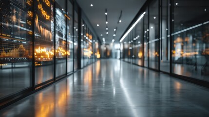 Obraz premium High-tech corridor with digital stock market data displayed on glass walls, featuring an illuminated modern office environment with reflections and futuristic ambiance.