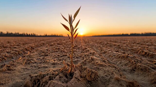 Rising dawn over desert landscape with lonely sapling symbolizing hope and renewal