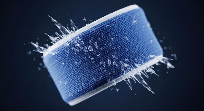 Close-up of a blue textured object with sharp ice shards exploding outwards, symbolizing cold and impact.
