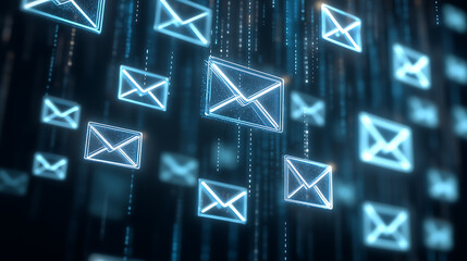 Glowing digital envelopes on a dark background.