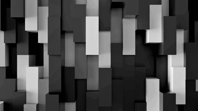 Seamless loop of abstract 3D monochrome rectangular blocks moving vertically in a staggered animation to create a modern minimalist geometric background.