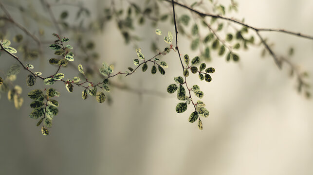 a singe delicate horizontal tree branch in nature, small green variagated patterned leaves including new shoots, minimal calming composition, soft morning light and gentle upward shadows. Image
