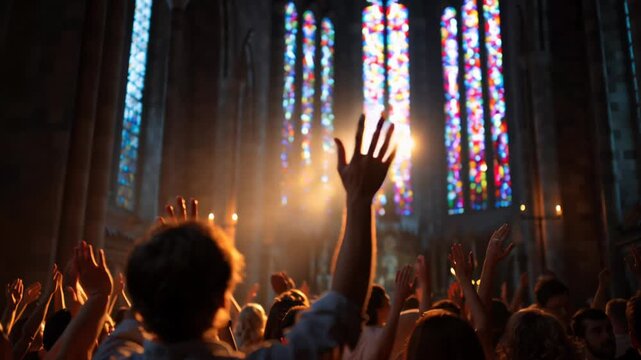 Crowd raising hands in cathedral sanctuary, golden sunlight streaming through stained glass windows onto silhouettes of worshippers during candlelit service