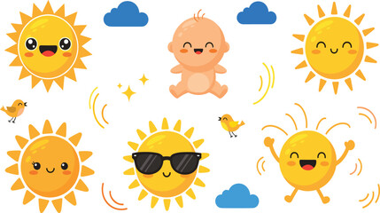 Fototapeta premium Cute Sun Character Set with Happy Expressions Sunglasses and Baby Illustrations for Childrens Designs Preschool Graphics Stickers and Sunny Weather Projects