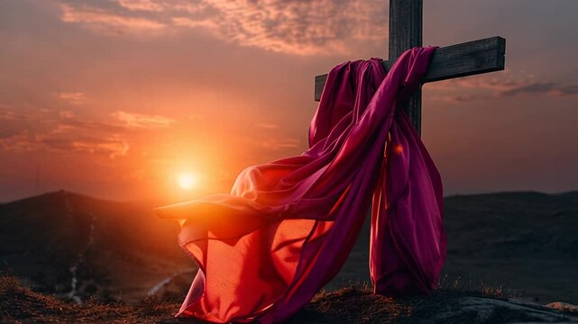 Sunset cross draped red fabric, serene hilltop scene with glowing sun sinking behind distant ridges, flowing cloth caught in breeze, beads sparkling along edge,