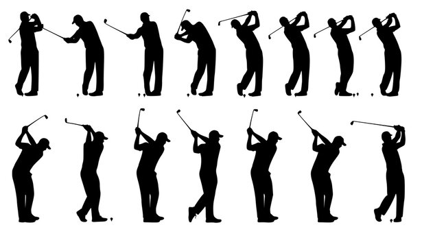Golfer swing progression silhouettes vector golf technique motion set