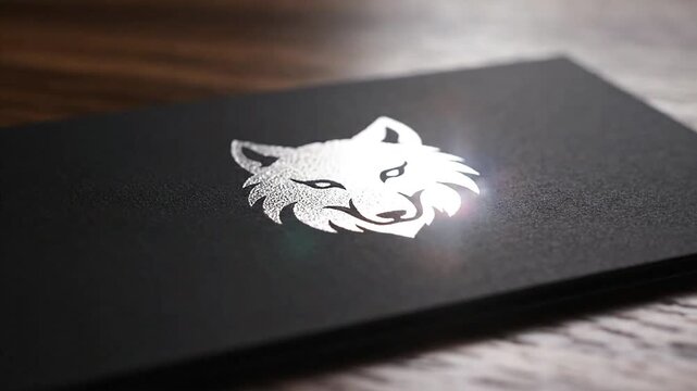 A striking silver wolf logo design embossed on a dark black business card, creating a sophisticated and memorable brand identity