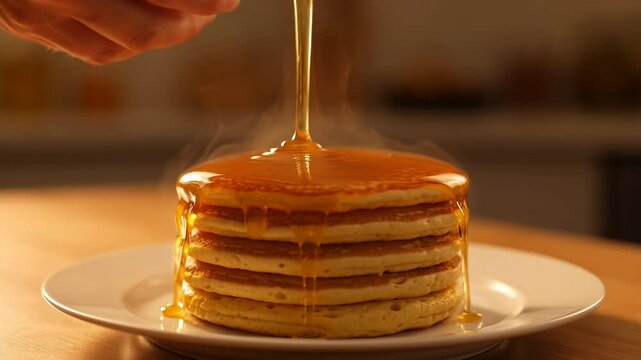Golden syrup cascading down a stack of freshly made pancakes on a plate
