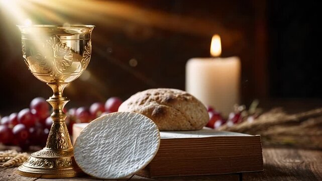Gold chalice host wafer loaf candle intimate communion still life on rustic wooden table with grapes and warm candlelight, textured bread and gilded cup