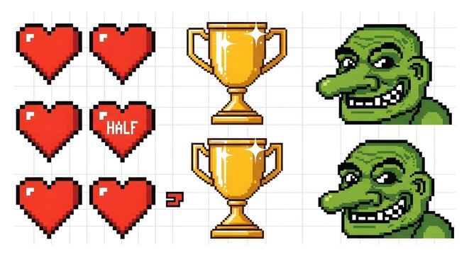 Pixel Art Game Elements: Hearts Trophies and Trolls.