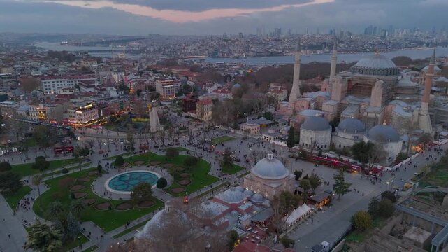 Istanbul, Turkey. Aerial drone view of Blue Mosque Sultan Ahmet Camii in sunset or sunrise. Sultanahmet in historic city areas of Istanbul is a UNESCO World Heritage. Iconic religious landmark