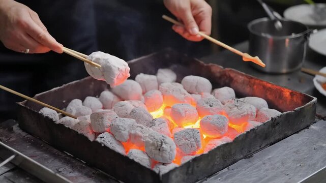  The male chef rotates skewers over charcoal, fat drips causing small flare-ups, heat shimmer visible, camera performs micro-zoom
