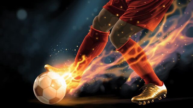 Athlete dribbling fiery soccer ball at night, striker showcasing close control and explosive kick with golden flame trail, stadium spotlight highlighting