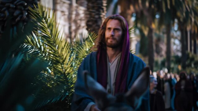 Jesus on donkey holding palm branch, actor in ornate robe and crown rides through sunny city street during palm procession, packed crowd watches, devotional