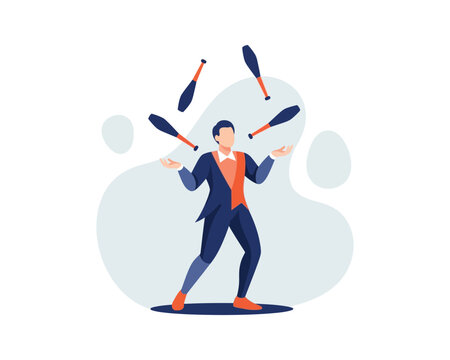 A man in a formal suit skillfully juggling multiple clubs in a dynamic performance, showcasing balance and dexterity.